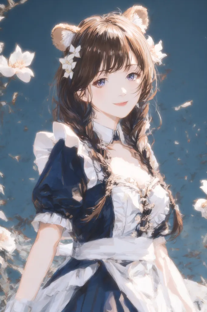 This is an image of a young woman with long brown hair and purple eyes. She is wearing a blue and white maid outfit with a white apron and a white headband with bear ears. She is standing in front of a blue background with white flowers falling around her. She has a gentle smile on her face.