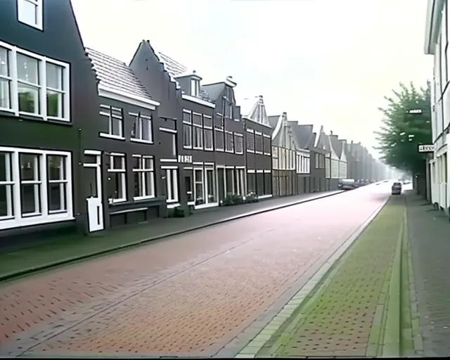 The image shows a street in a Dutch town. The street is lined with old brick houses with stepped gables. The houses are mostly three or four stories tall and have a variety of architectural details, such as pilasters, cornices, and arched windows. The street is made of red bricks and has a sidewalk on one side. There are a few trees on the street and a canal in the background.