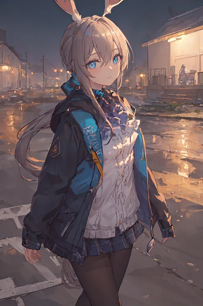 The image is a painting of a young woman with rabbit ears. She is wearing a blue and white jacket, a white blouse, and a gray skirt. She has long silver hair and blue eyes. She is standing in a rainy street with a blurred background.