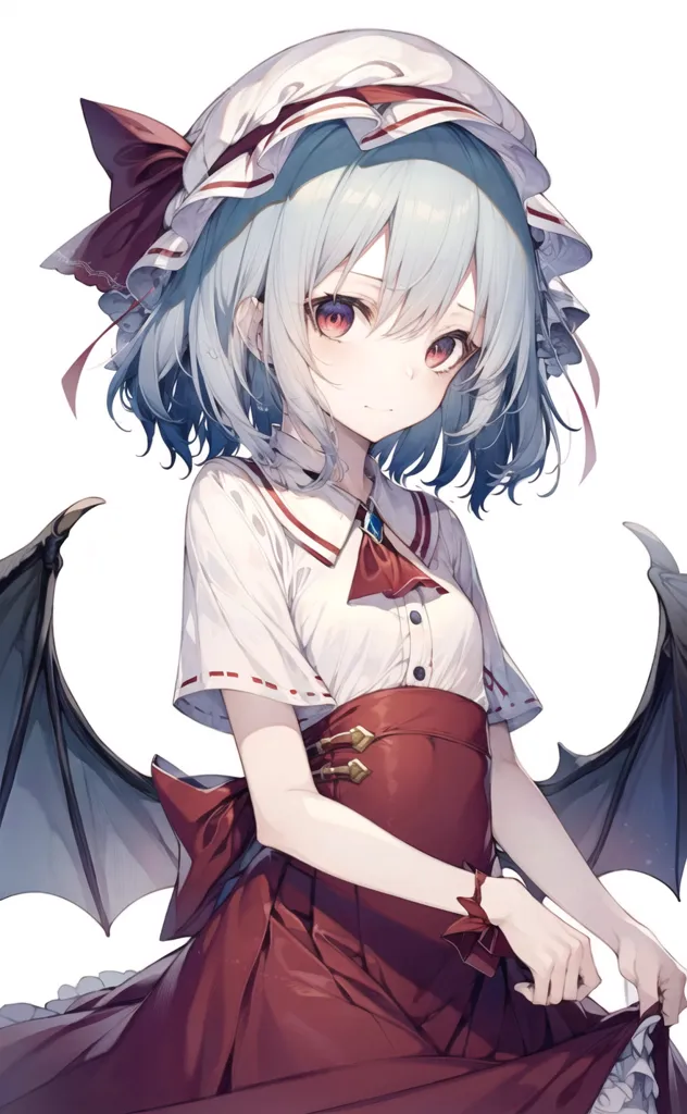 The image is of a young girl with blue hair and red eyes. She is wearing a white blouse with a red vest and a large red bow in her hair. She also has a pair of bat wings. The girl is standing in front of a white background, and she is looking at the viewer with a slightly sad expression.