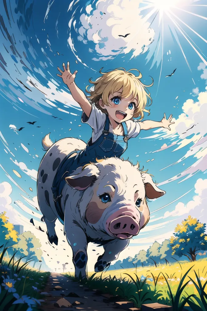 Une fille blonde est en train de monter sur un cochon. Le cochon court dans un champ herbeux. La fille porte une chemise blanche et des salopettes bleues. Elle a les bras écartés et sourit. Le cochon a un nez noir et sourit également. L'arrière-plan est un ciel bleu avec des nuages blancs.