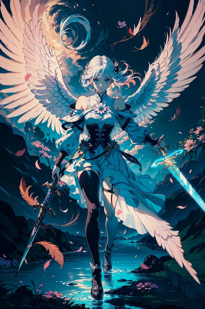 This is an image of a beautiful anime-style winged woman. She has long white hair and blue eyes. She is wearing a white and blue dress with a corset. She is also wearing two swords. She is standing in a forest with a lake in the background. There are flowers and butterflies in the background. The image is very detailed and the colors are vibrant.