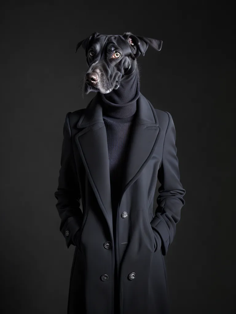 The image shows a black dog wearing a black turtleneck and a black coat. The dog is standing on its hind legs and has its front paws in its pockets. The dog is looking at the camera with a serious expression. The background is a dark grey.