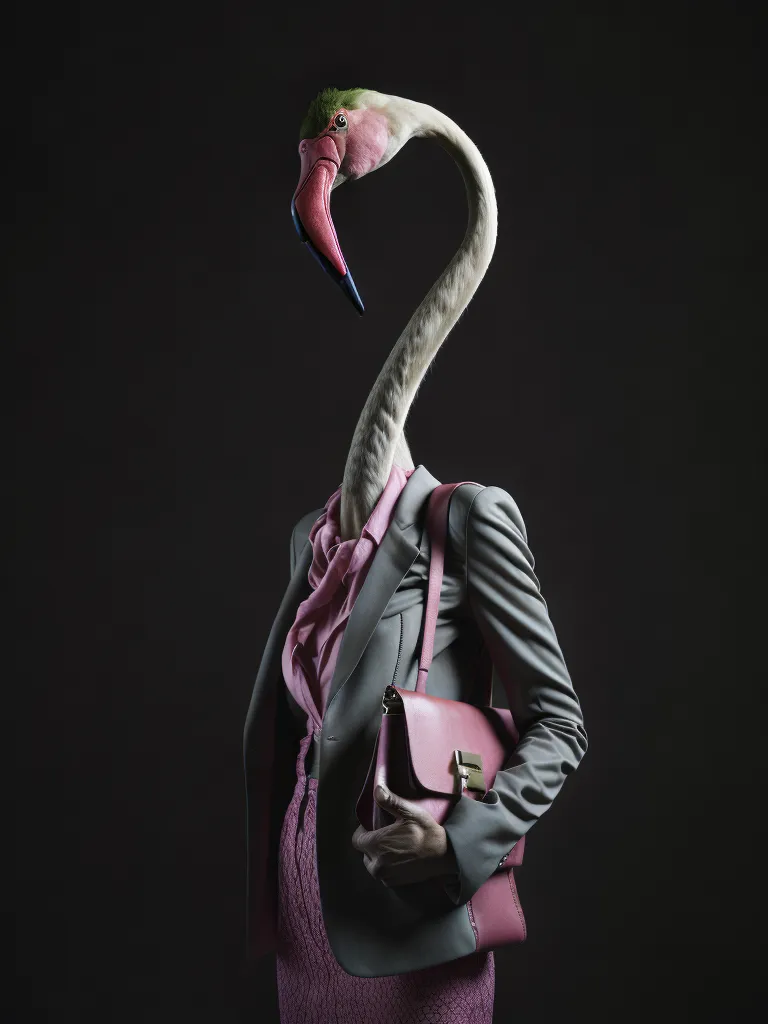 A imagem é uma fotografia de uma cabeça de flamingo em um corpo humano. O flamingo está usando um terno e segurando uma bolsa. A imagem é tirada de um ângulo baixo, fazendo com que o flamingo pareça mais alto e imponente. O fundo escuro faz o flamingo se destacar. A imagem é surrealista e instigante. Não está claro qual é a mensagem da imagem, mas ela certamente deixará uma impressão duradoura nos espectadores.