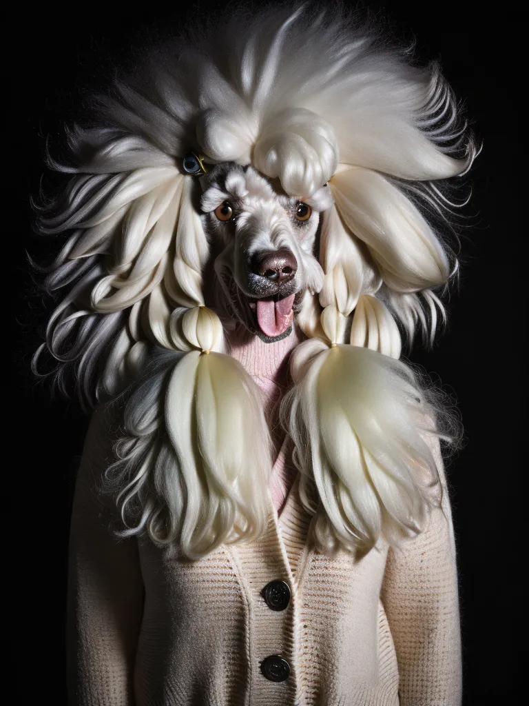 The image shows a white poodle dog wearing a cream-colored cardigan sweater. The dog's hair is styled to look like a human's, with a bouffant hairstyle and long, hanging curls. The dog's face is visible, and it is looking at the camera with its tongue out. The background is black, and the dog is in the center o