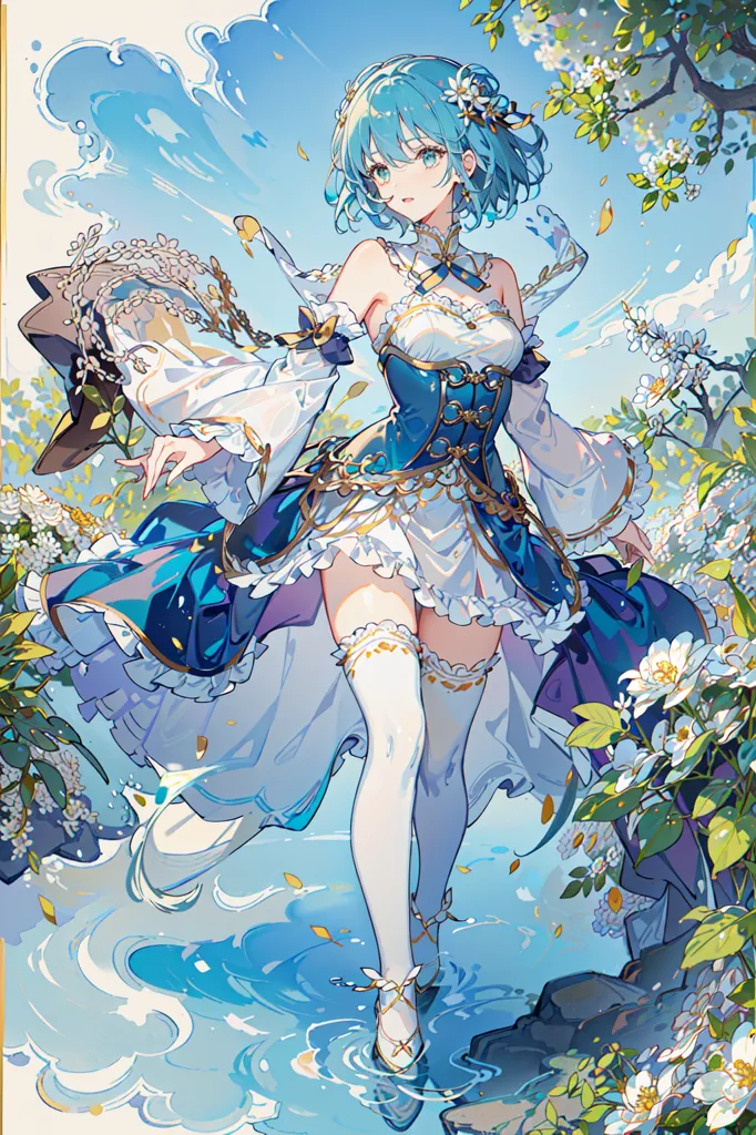 The image is a painting of a young woman with long blue hair. She is wearing a white and blue dress with a blue cape. She is standing in a forest, and there are flowers and trees all around her. The woman is smiling, and she looks happy and carefree. The painting is done in a realistic style, and the colors are vibrant and lifelike.