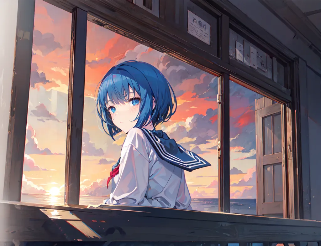 The image is a painting of a girl looking out a window. The girl is wearing a white shirt with a blue collar and a blue skirt. She has short blue hair and blue eyes. The window is framed with dark wood. The sky outside the window is a gradient of orange and yellow, with clouds.