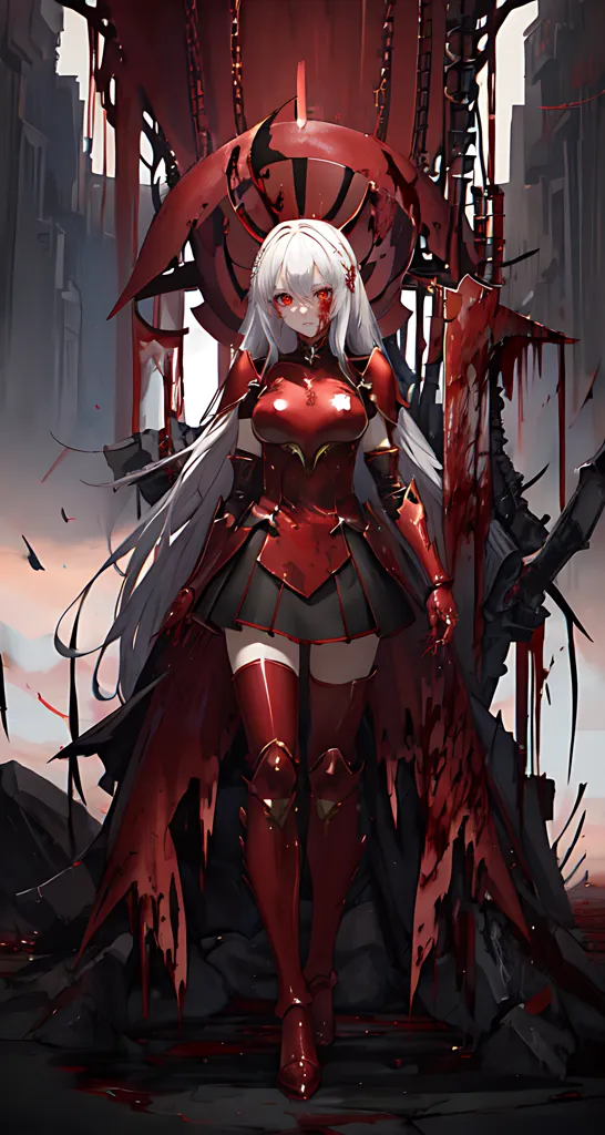 The image is of a young woman with long white hair and red eyes. She is wearing a red and black bodysuit and a red cape. She is also wearing a helmet with a visor. She is standing in front of a large red throne. There are swords and other weapons stuck in the ground around her. The background is a dark, ruined city.