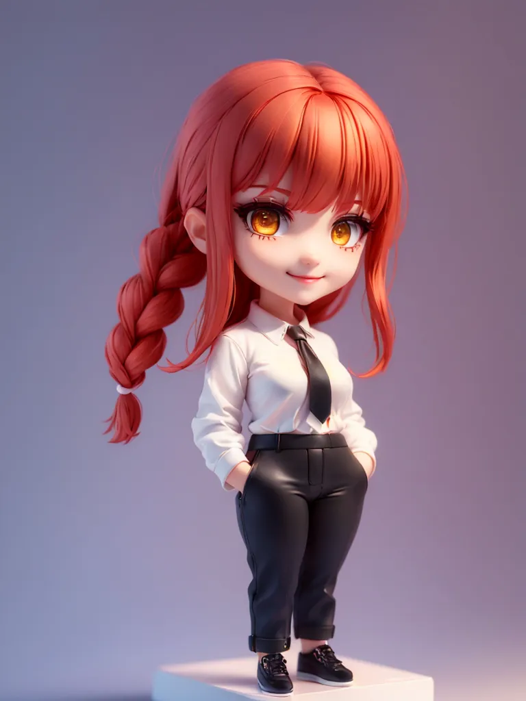 This is an image of a young woman with long red hair styled in a single braid. She is wearing a white dress shirt with a black tie, black pants, and black sneakers. She has her hands in her pants pockets and is looking at the viewer with a slight smile on her face. She has fair skin and orange eyes. The background is a light grey.