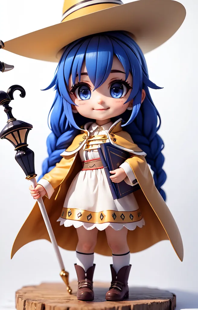 La imagen es de una bruja de estilo anime chibi. Tiene el cabello azul largo y ojos azules, y lleva un sombrero amarillo y un vestido blanco. También está sosteniendo un bastón con una linterna en la parte superior. La niña está parada sobre una plataforma de madera y hay un fondo blanco detrás de ella.