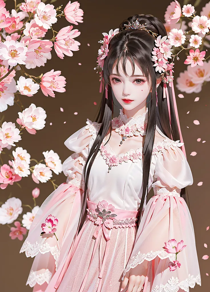 The image is of a beautiful young woman with long black hair and pink eyes. She is wearing a traditional Chinese dress with a pink and white floral pattern. The dress has a high collar and long sleeves. She is also wearing a necklace and a hairpiece with pink flowers. The background is a dark pink color with a cherry blossom tree.