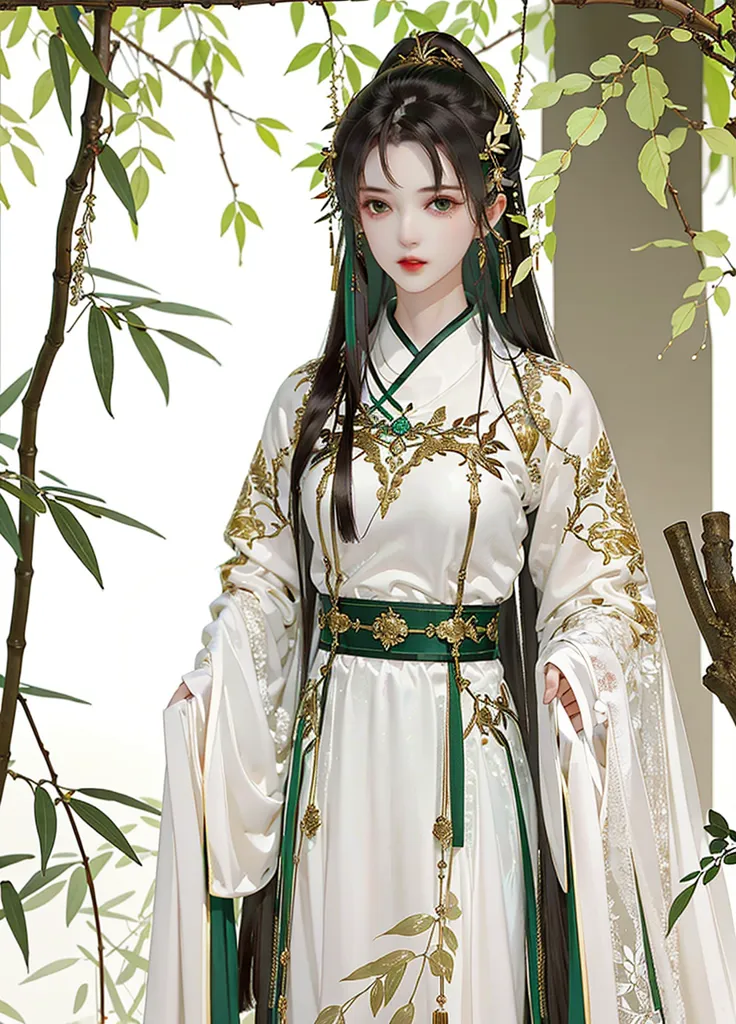 The image shows a young woman in a white and green dress with long black hair and green eyes. She is standing in a forest, and there are green leaves and branches all around her. She is wearing a traditional Chinese dress with a white outer robe with green and gold trim and designs. The dress has a high collar and is belted at the waist with a green sash. She is also wearing green and gold hair accessories and jewelry.