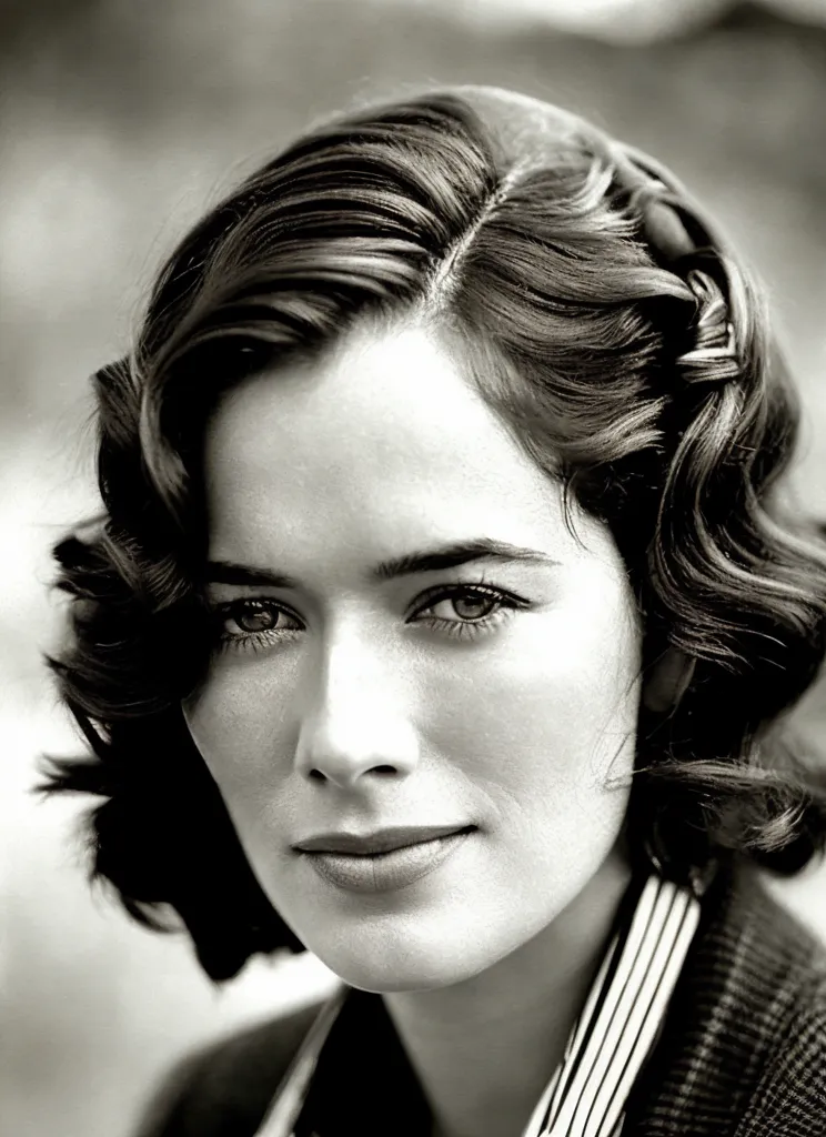 L'image en noir et blanc montre une jeune femme aux cheveux courts et foncés, coiffée dans un style des années 1940. Elle porte une veste de costume avec une cravate rayée. La femme a un grain de beauté sur la joue gauche. Elle regarde la caméra avec un léger sourire sur les lèvres.