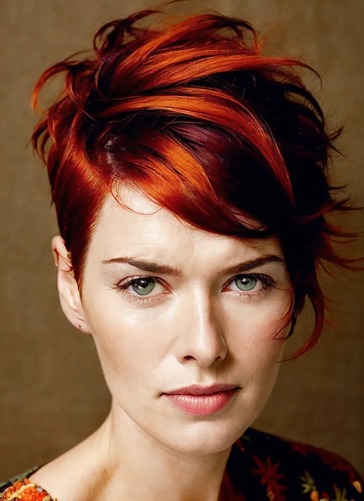 The picture shows a woman with short red hair. The hair is cut in a choppy style with long bangs that are swept to one side. The woman has fair skin and green eyes. She is wearing a dark colored shirt with a floral design. The woman has a serious expression on her face.