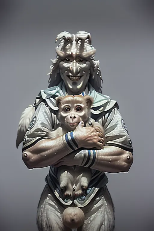 The image is of a white-skinned humanoid creature with the face of a monkey and the body of a man. It is wearing a white shirt and has a monkey in its arms. The monkey is smiling and the creature has a wide grin on its face. The background is a dark grey.