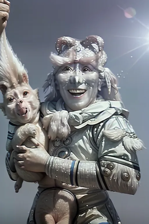 The image shows a person with white skin and elaborate head jewelry. They are holding a small dog-like creature in their arms. The person is wearing a white and silver outfit and has a happy expression on their face. The background is a gradient of light blue and wh