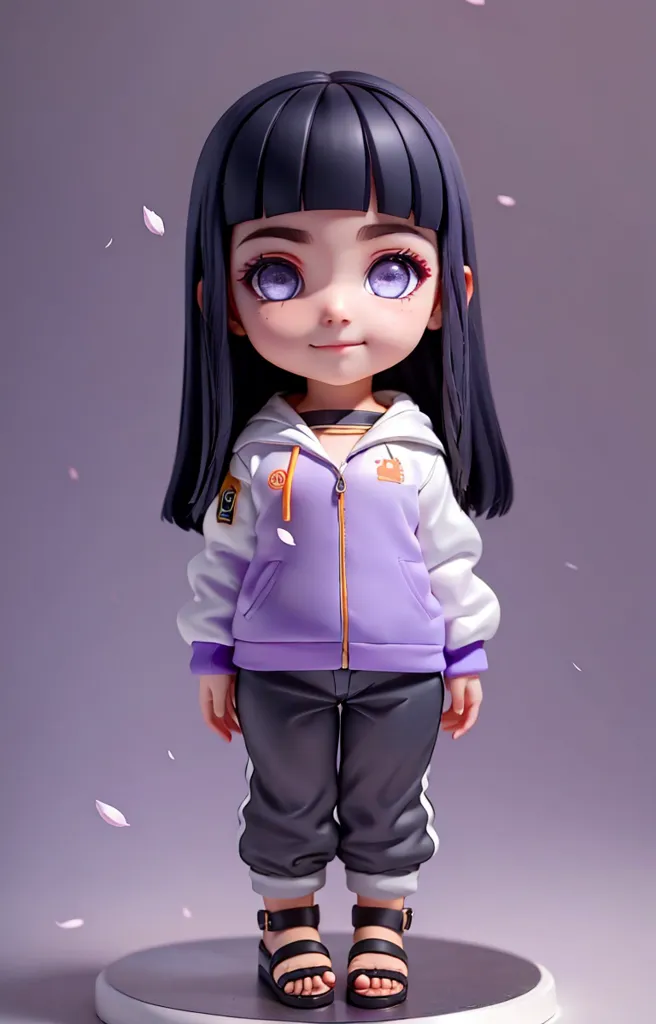 The image is of a young girl with long black hair and purple eyes. She is wearing a purple and white tracksuit with black pants and brown sandals. She has a small smile on her face and is standing on a white platform with her feet shoulder-width apart. There are also some small pink petals falling around her. The background is a light purple color.