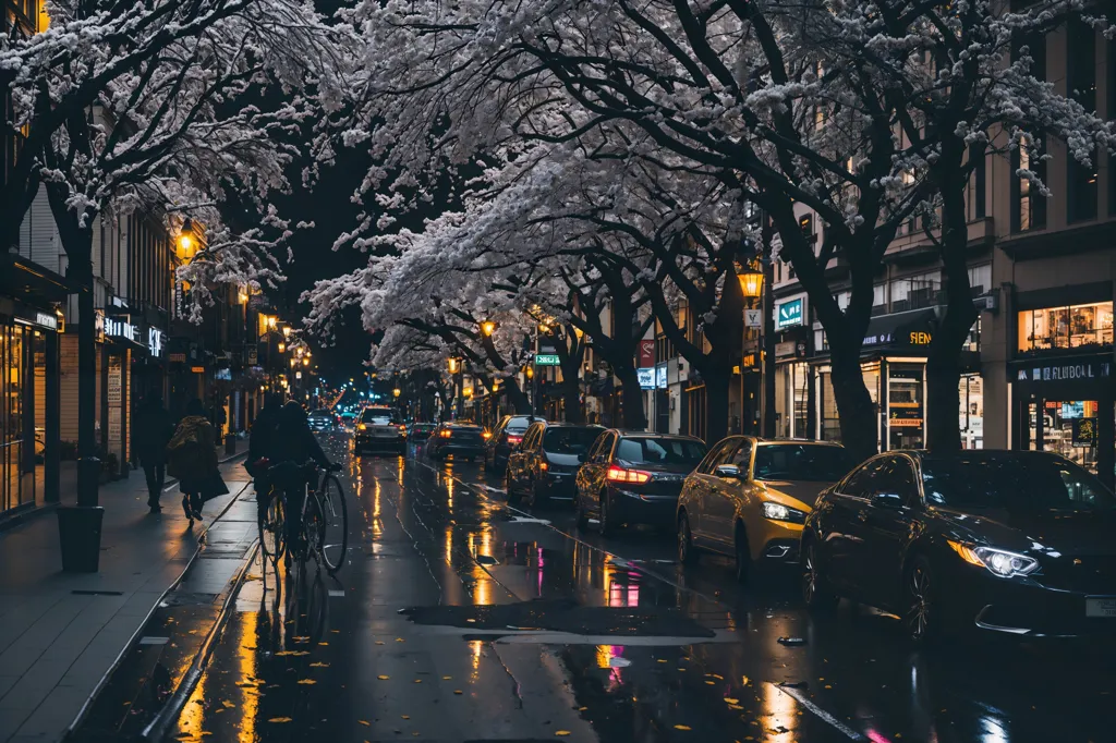 The image is a long shot of a city street at night. It is raining and the street is wet. The street is lined with trees and the leaves are covered in snow. The street lights are on and there are cars parked on either side of the street. There is a cyclist riding on the sidewalk next to a row of shops.