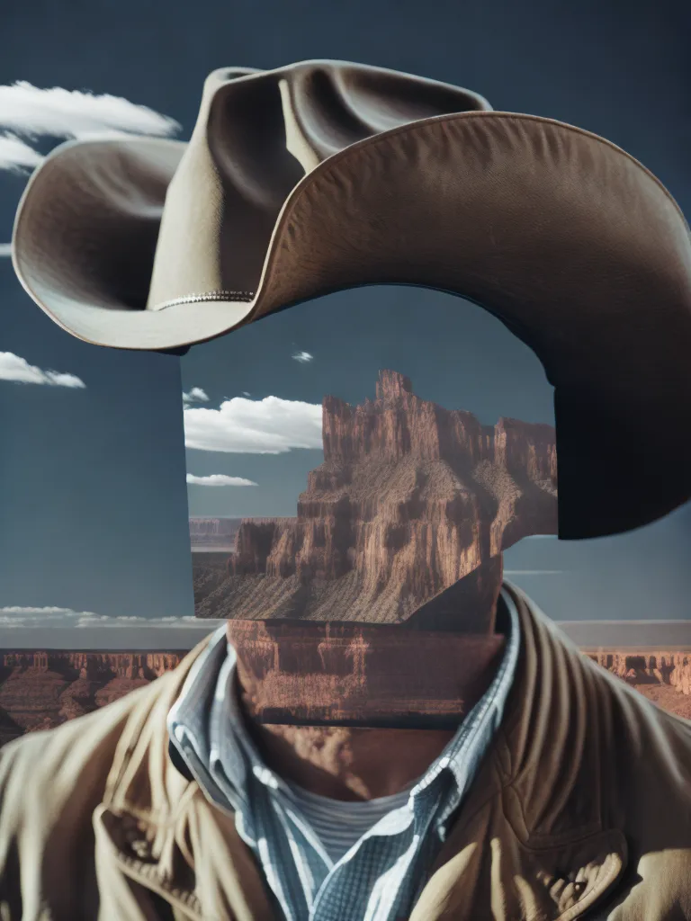 This is a photo of a cowboy wearing a hat. The image is a photorealistic painting. The cowboy is wearing a brown cowboy hat and a light brown shirt. The background is a desert landscape with a canyon. The cowboy's face is obscured by a large rock formation.