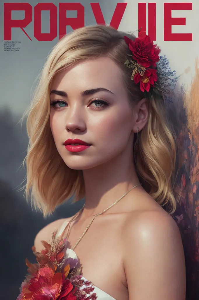 The image shows a young woman with short blonde hair and red lipstick. She is wearing a white dress with a sweetheart neckline and a floral headpiece. There are also flowers around her neck. The background is a dark color with a red magazine title at the top.