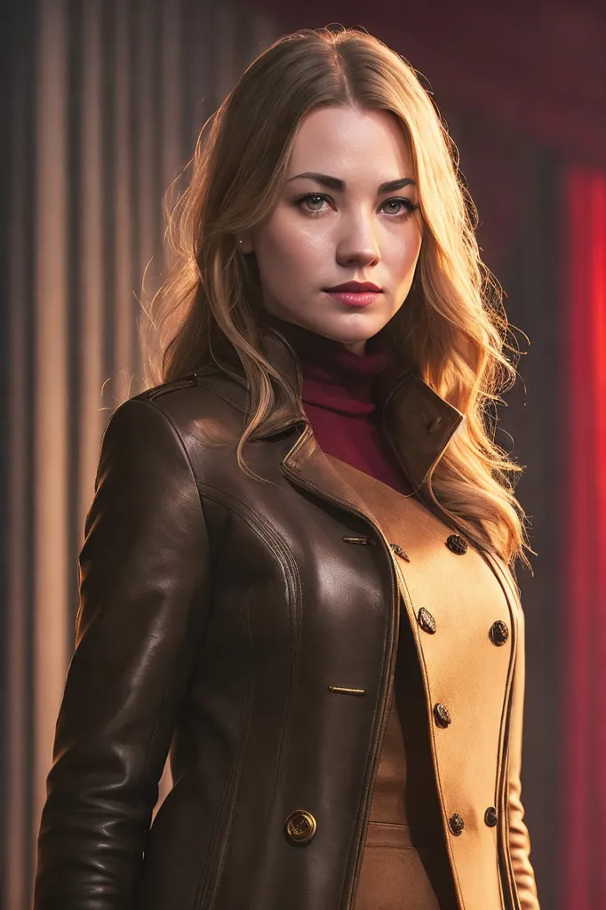 The image is of a beautiful young woman, with long wavy blonde hair, wearing a brown leather trench coat with gold buttons over a fitted maroon turtleneck dress. She has a serious expression on her face and is looking at the camera with her head tilted slightly to the right. She is standing in front of a red curtain that is pulled back to reveal a spotlight shining on her.