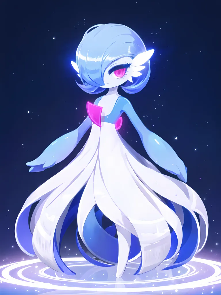 The image shows a Pokemon character called Gardevoir. It is a bipedal, humanoid Pokemon with a blue body and white dress-like appendage. It has long, flowing hair that is also blue. It has a pink gem on its chest and a pink bow on its neck. It is standing on a platform with a starry night sky in the background.