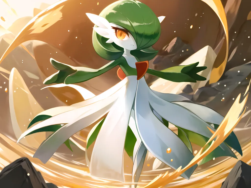 The image shows a Pokemon named Gardevoir. It is a bipedal, humanoid Pokemon with a dress-like body. It has green hair, yellow eyes, and a red gem on its chest. It is standing in a rocky area, with one hand raised in the air. It is surrounded by a yellow energy field.