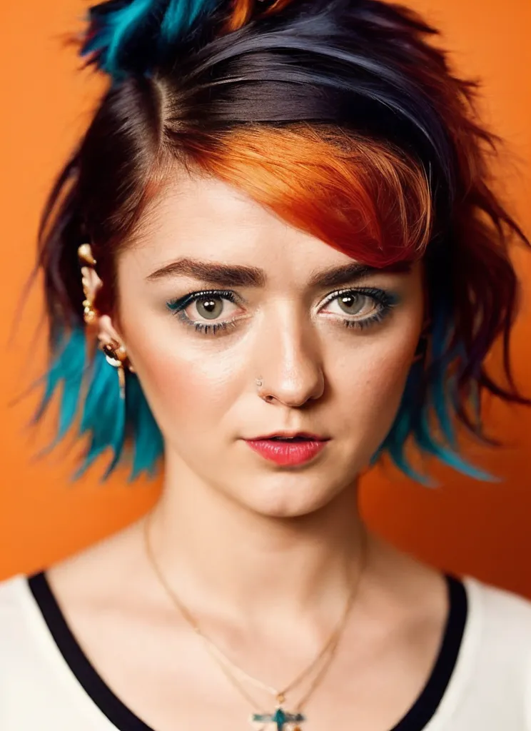 The picture shows a young woman with multi-colored hair. The hair on the left side of her head is dark blue, the hair on the right side is bright orange, and the hair on top is black. She has light makeup on and is wearing a white shirt. She is looking at the camera with a serious expression.