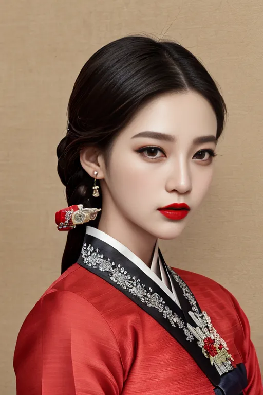 The image shows a young woman wearing a red hanbok, a traditional Korean dress. The hanbok is decorated with intricate patterns and has a long, flowing skirt. The woman's hair is long and black, and she is wearing traditional Korean makeup. She is standing in front of a beige background, and she is looking at the camera with a serious expression.