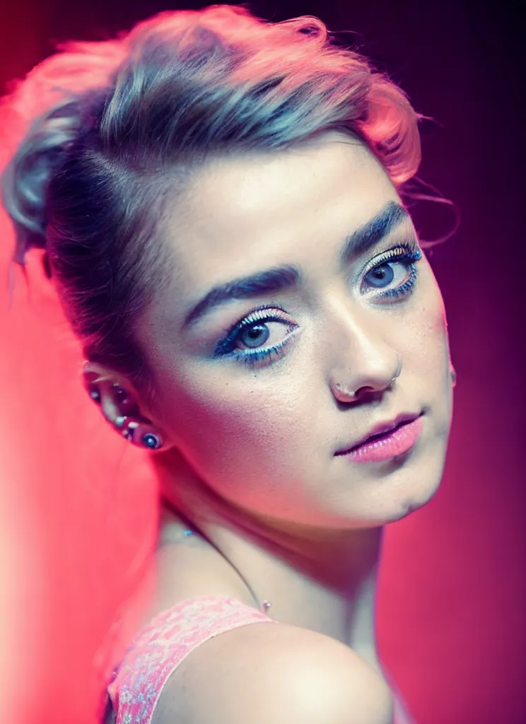 La imagen muestra a una mujer joven con el cabello rubio corto y ojos azules. Lleva un vestido rosa y tiene el cabello recogido en un moño. Mira a la cámara con una expresión seria. Hay luces azules y blancas reflejadas en sus ojos. Tiene un piercing en la nariz y tres pendientes en la oreja izquierda.