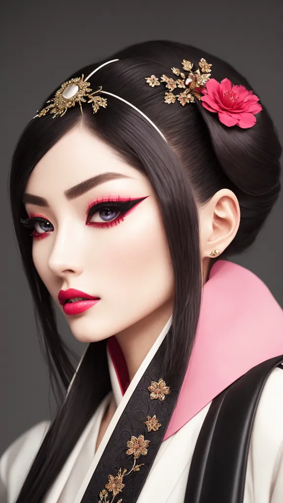 La imagen es un retrato de una mujer joven con el cabello negro y largo. Ella está usando un kimono japonés tradicional con un obi rosa y tiene una flor rosa en el cabello. El fondo es de un gris oscuro. Los ojos de la mujer son de un color azul claro y sus labios son de un rosa brillante. Ella está usando un peinado tradicional japonés con flequillo y el resto del cabello recogido en un moño.