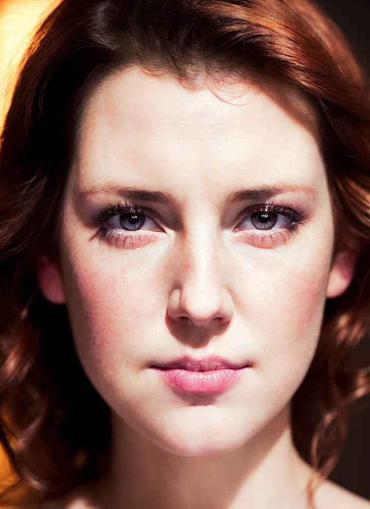 The image is a portrait of a young woman with long, red curly hair. She has brown eyes, long dark eyelashes, and her eyebrows are plucked and shaped. She is wearing light makeup, including eyeshadow, blush, and lipstick. Her lips are slightly parted and she is looking directly at the camera with a serious expression. The background is out of focus and is a darker color than her skin.