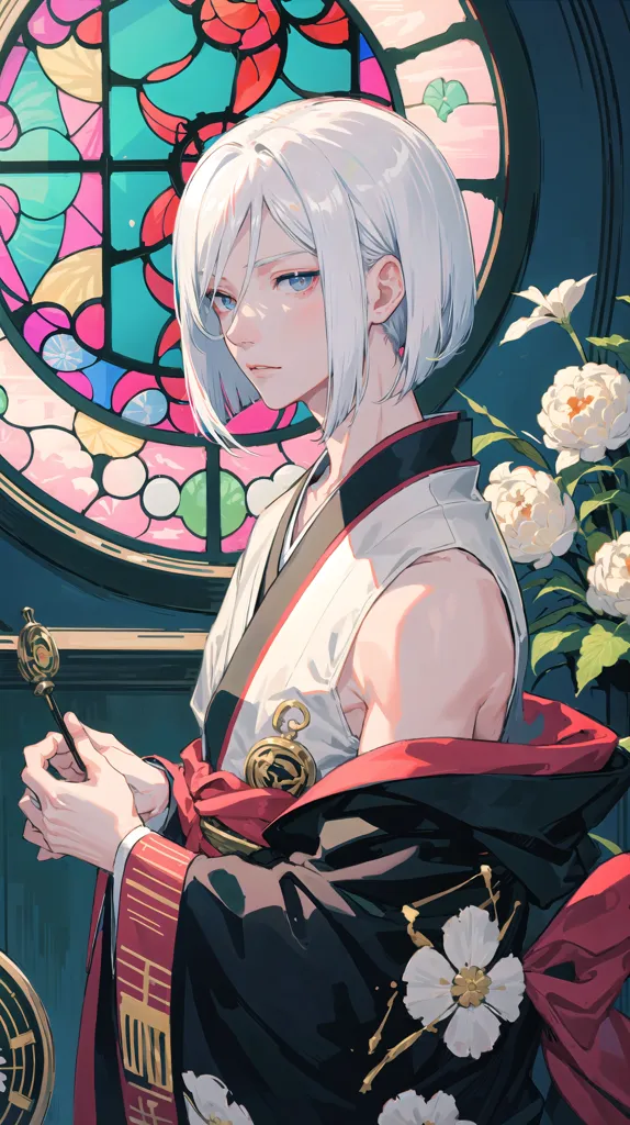 The image is of a young man with white hair and blue eyes. He is wearing a white kimono with a red sash and a black haori. He is standing in front of a stained glass window with one hand holding the frame of the window and the other hand holding a golden pocket watch. There are white flowers on the right side of the image.