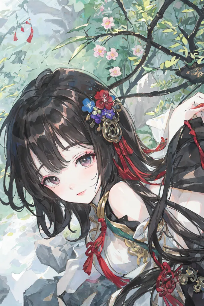 The image is a painting of a young woman with long black hair. She is wearing a white dress with a red sash and has a flower in her hair. The woman is standing in a forest, surrounded by trees and flowers. The painting is done in a realistic style, and the woman's expression is one of serenity.