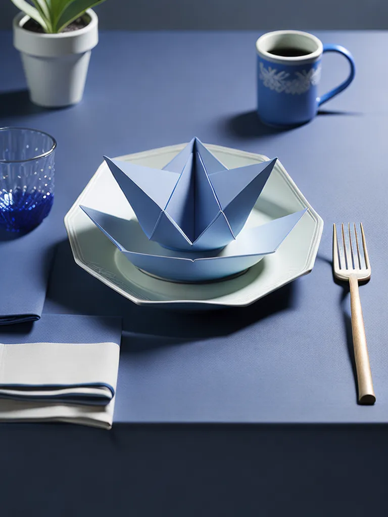 The image shows a table set with a blue tablecloth. There is a place setting with a blue plate, a blue cup, a blue glass, a gold fork, and a white napkin. The plate has an origami napkin folded into the shape of a flower. There is a small potted plant on the table. The background is a dark blue wall.