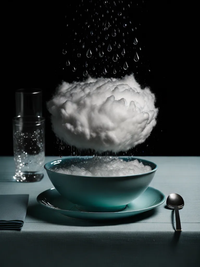 The image shows a bowl of soup with a cotton cloud floating above it. Water droplets are falling from the cloud into the soup. The bowl is sitting on a saucer on a blue tablecloth. There is a glass of water next to the bowl. The background is black.