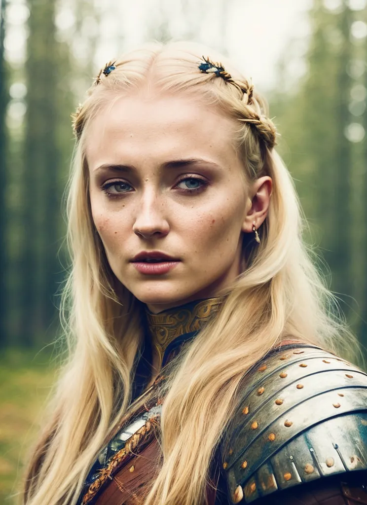 This image shows a young woman with long blonde hair and blue eyes. She is wearing a brown leather jerkin with metal shoulder pads and a gold necklace. There are some small objects in her hair, which may be decorative hair pieces. She is standing in a forest and looking at the camera with a serious expression.