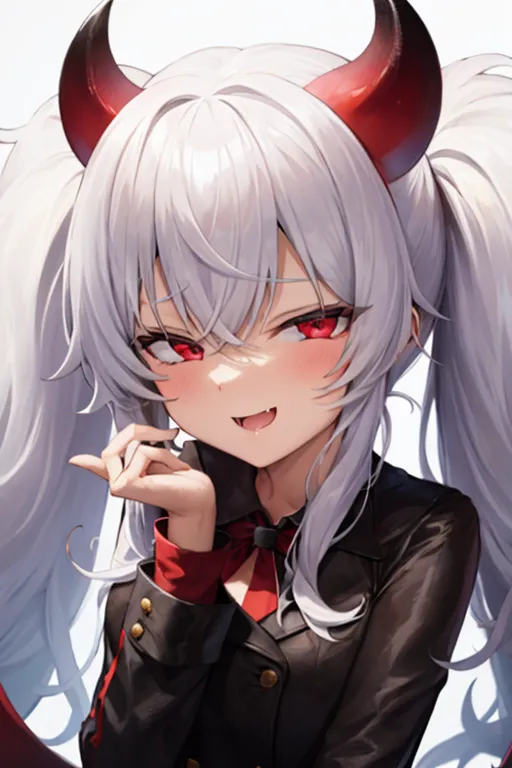 La imagen es de una chica con estilo anime de cabello blanco y ojos rojos. Tiene dos cuernos rojos en la cabeza y lleva un uniforme militar negro con ribetes rojos. Tiene una expresión astuta en su rostro y está haciendo un gesto de llamada con la mano.