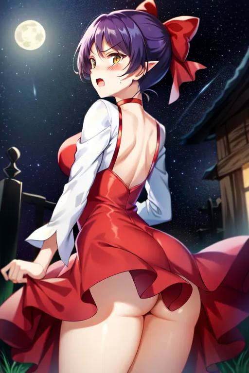 The image is a picture of a young woman with purple hair and yellow eyes. She is wearing a red dress with a white collar and a red bow in her hair. She is standing in a field of grass, with a full moon in the background. The woman is looking back at the viewer with a surprised expression on her face.