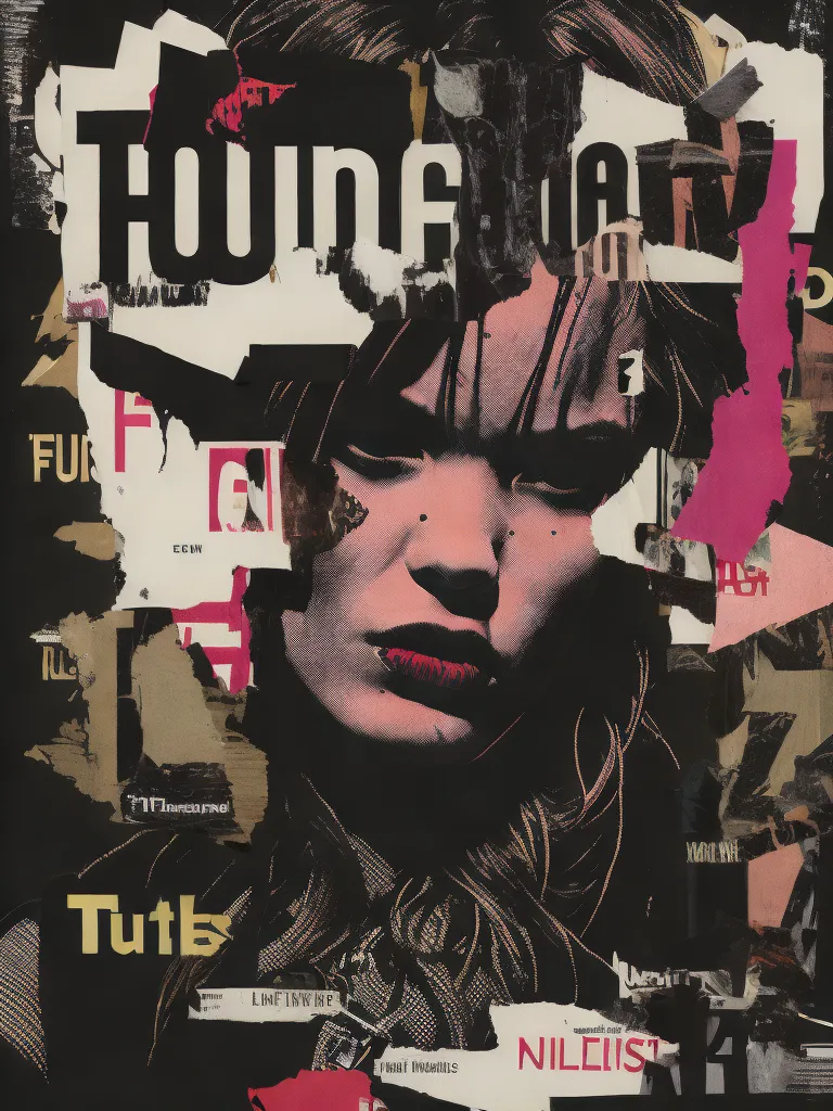 The image is a portrait of a young woman with dark hair and red lips. She is looking at the viewer with a serious expression. The background is made up of torn pieces of paper, which are collaged together to create a sense of depth and texture. The overall effect is one of mystery and intrigue.