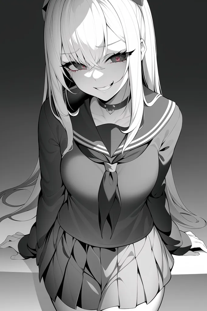 The image is a black and white drawing of a young woman with long white hair. She is wearing a sailor-style school uniform with a dark-colored collar and a pleated skirt. She has a choker around her neck and her eyes are red. She has a small smile on her face.