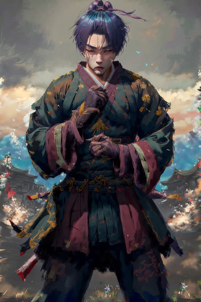 The image shows a young man with purple hair tied in a bun. He is wearing a dark green kimono with golden and red details. The kimono has several tears and holes. He is also wearing a white undershirt. The man has a determined expression on his face. He is standing in a field of flowers with a large building in the background. The sky is cloudy and there are several birds flying in the background.