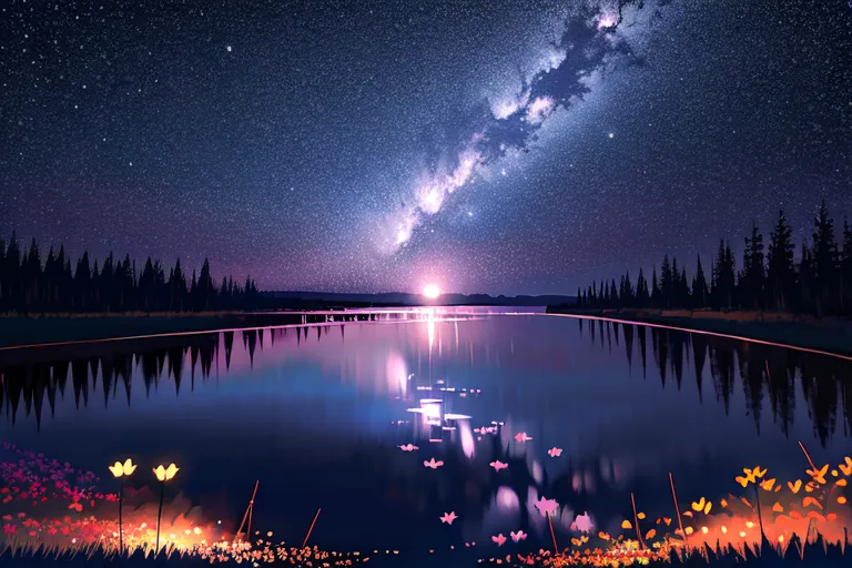 The image is a beautiful landscape painting of a night sky over a lake. The sky is dark blue and filled with stars and a bright, shining moon. The lake is calm and still, reflecting the light of the moon and stars. The shoreline is covered in lush green grass and flowers of various colors. In the distance, there are tall, dark trees. The overall effect of the painting is one of peace and tranquility.