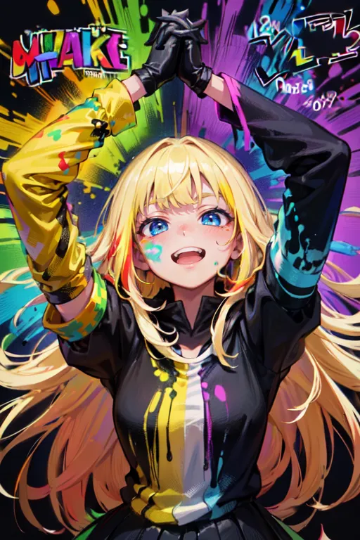 The image is a portrait of a young woman with long blonde hair. She is wearing a black jacket with yellow and green stripes on the sleeves. The jacket is open, and she is wearing a white shirt underneath. She is also wearing black gloves. The woman has blue eyes and is smiling. She is holding her hands up in the air, and there is paint on her hands and face. The background is a rainbow of bright colors.