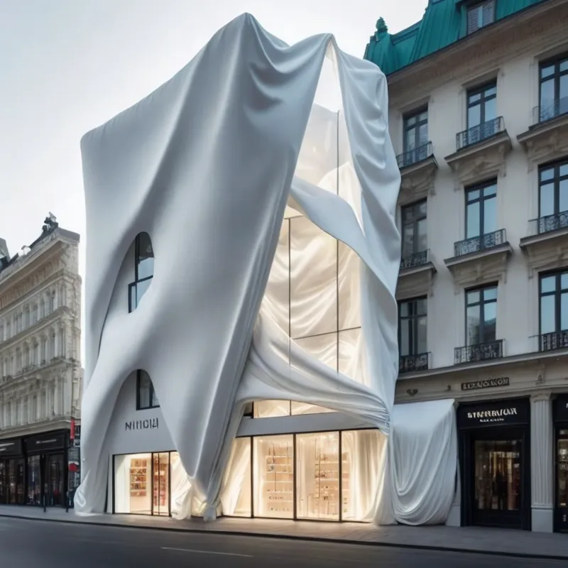 A imagem mostra um edifício moderno com uma fachada branca, fluida e semelhante a um tecido. O edifício está localizado em uma rua movimentada, com outros edifícios de altura semelhante de ambos os lados. A fachada de tecido está drapeada sobre o edifício de uma maneira que cria uma sensação de movimento e fluidez. O edifício também é coberto por uma série de pequenos buracos espaçados regularmente, que deixam a luz passar.