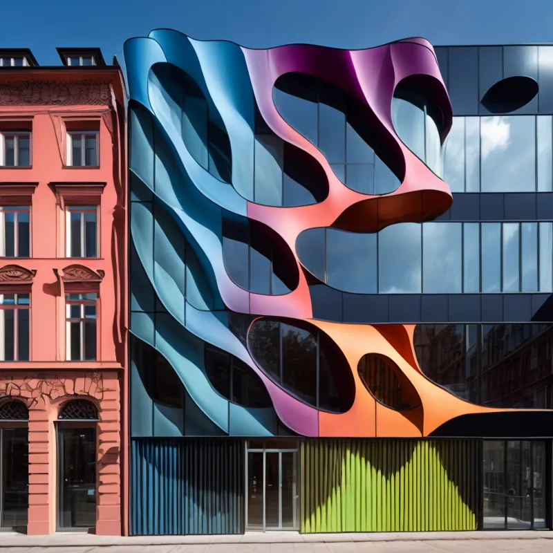 La imagen muestra un edificio moderno con una fachada colorida y ondulada. El edificio se encuentra en una ciudad y hay un edificio tradicional con una fachada roja junto a él. El edificio moderno tiene muchas ventanas de cristal y la fachada está hecha de paneles metálicos de colores. Los paneles están curvados y crean un patrón ondulado. El edificio es muy alto y tiene muchas plantas.