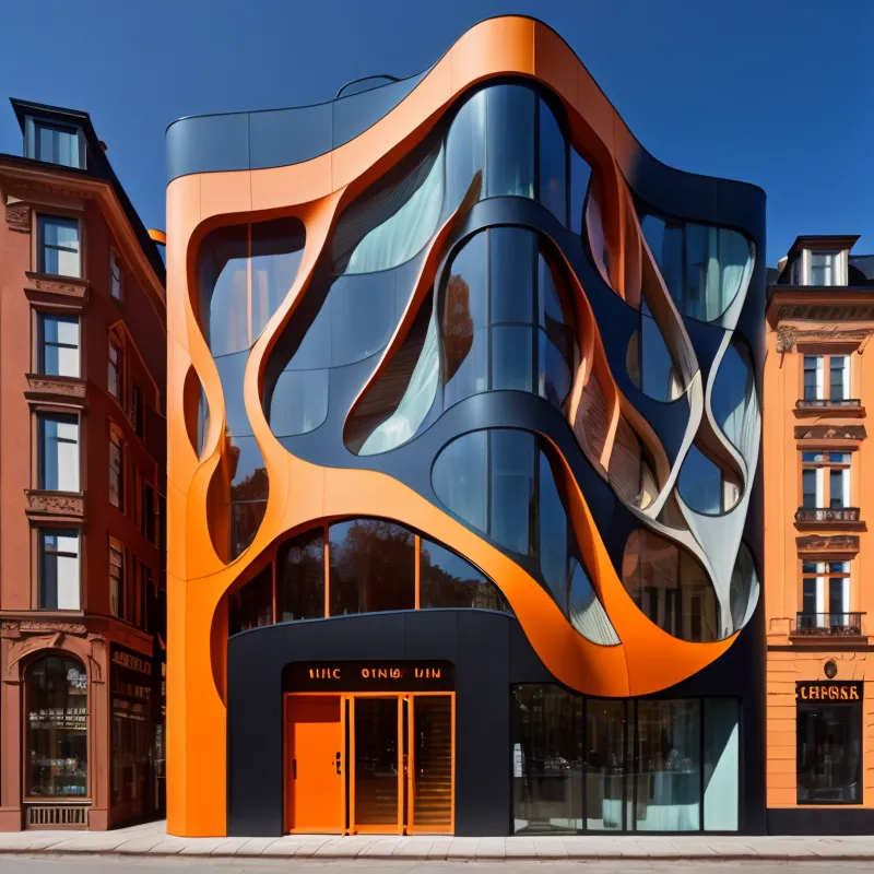 The image shows a modern building with a very unique and curvy design. The building is orange and black, with large glass windows. It is located in a city, and there are other buildings around it. The sky is blue, and the sun is shining.