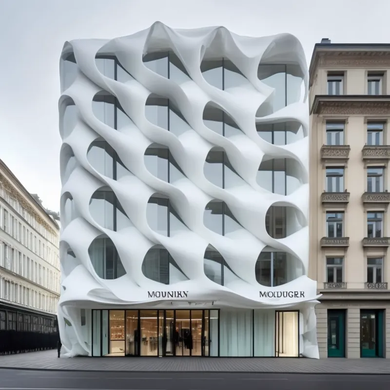 L'image montre un bâtiment moderne avec une façade blanche et ondulée. Le bâtiment est situé dans une zone urbaine, avec d'autres bâtiments de hauteur similaire en arrière-plan. La façade du bâtiment est composée d'une série de vagues ondulantes, ce qui crée un sentiment de mouvement et de dynamisme. Le bâtiment se distingue également par ses grandes fenêtres en verre, qui laissent entrer la lumière naturelle et offrent une vue sur la ville. Dans l'ensemble, le bâtiment est un exemple frappant et unique d'architecture contemporaine.