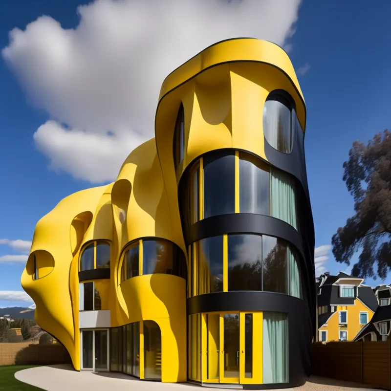 A imagem mostra uma casa moderna com uma fachada amarela brilhante. A casa tem uma forma curva e orgânica, com grandes janelas. Há uma árvore ao lado da casa e o céu está azul com algumas nuvens brancas e fofas. A casa está cercada por uma cerca baixa.