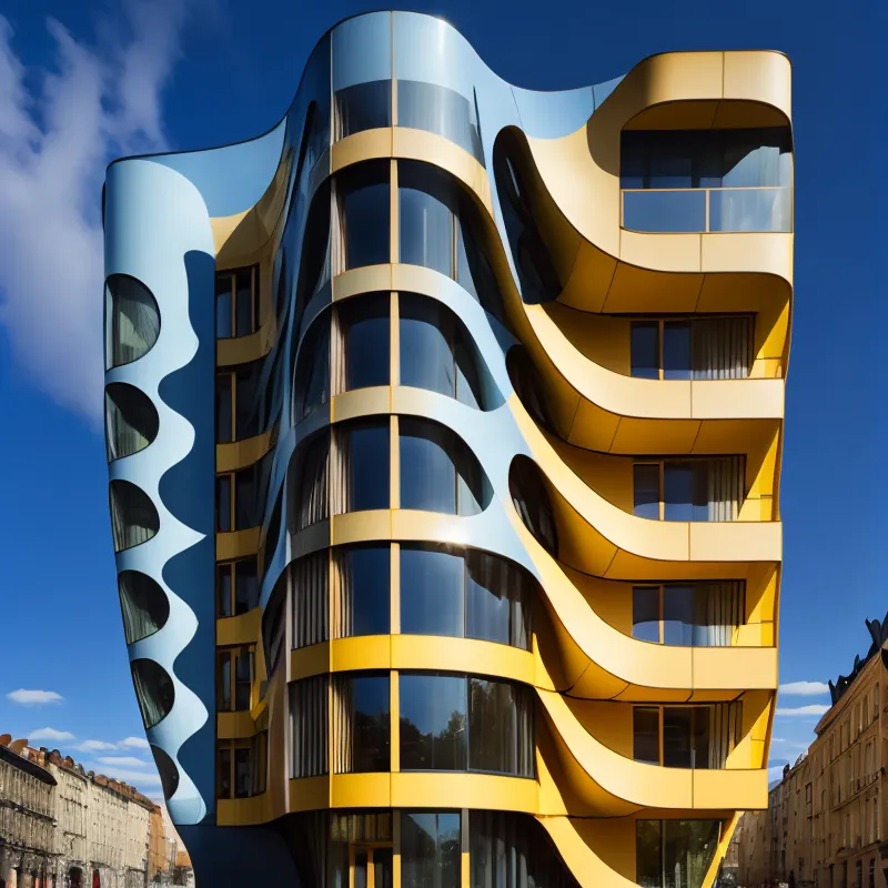 The image shows a modern apartment building with a blue and yellow facade. The building is curved and has a lot of glass windows. There are balconies on each floor. The building is located in a city and there are other buildings around it.